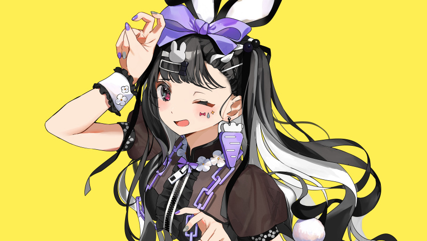 1girl absurdres animal_ears black_dress black_hair black_ribbon bow bunny_hair_ornament carrot_earrings chain commentary_request dress earrings facial_mark food-themed_earrings grey_nails hair_bow hair_ornament hair_ribbon hand_up highres jewelry long_hair looking_at_viewer mikanoisi multicolored_hair multicolored_nails one_eye_closed open_mouth original partial_commentary pink_eyes purple_bow purple_nails rabbit_ears ribbon short_sleeves simple_background smile solo star_(symbol) star_facial_mark streaked_hair teardrop_facial_mark twintails upper_body white_hair wrist_cuffs yellow_background zipper zipper_pull_tab