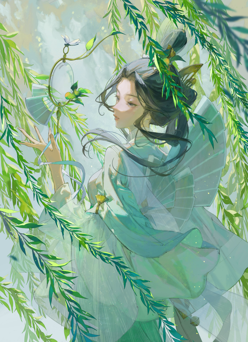 1girl absurdres bangs black_eyes black_hair chinese_clothes cowboy_shot day eyelashes from_behind green_theme hair_ornament hairpin hand_up highres leaf lips long_hair original parted_bangs parted_lips plant solo standing sunlight w_zhengz