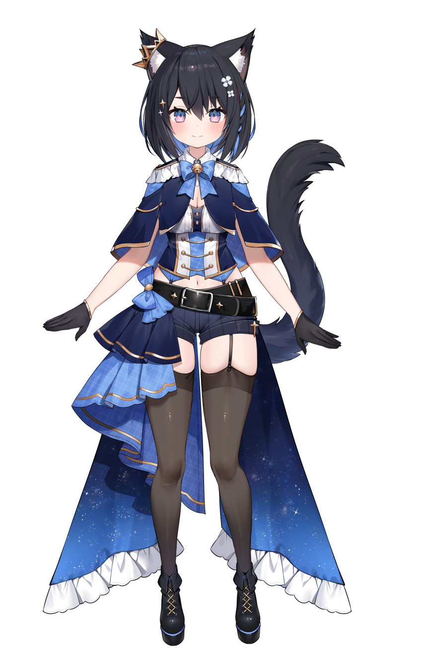 1girl absurdres animal_ear_fluff animal_ears bangs banned_artist black_footwear black_hair black_legwear blue_cape blue_capelet blue_hair blue_shorts blush breasts cape capelet cat_ears cat_girl cat_tail colored_inner_hair highres hoshina_suzu medium_breasts multicolored_hair muryotaro navel official_art second-party_source short_hair shorts skindentation smile solo tail thigh-highs violet_eyes virtual_youtuber wactor_production white_background