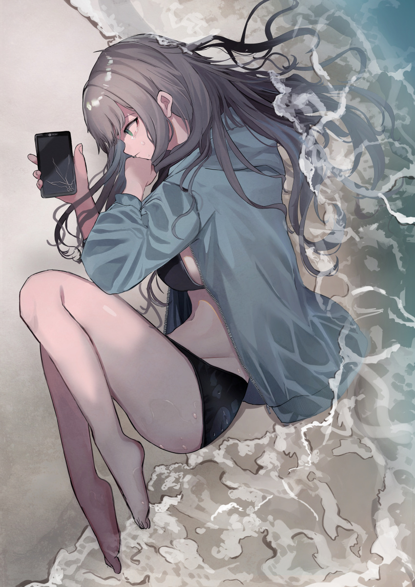 1girl absurdres bare_legs barefoot bikini black_bikini blue_jacket cellphone closed_mouth commentary_request cracked_screen crying crying_with_eyes_open full_body green_eyes grey_hair highres holding holding_phone jacket long_hair long_sleeves lying ocean on_ground on_side open_clothes open_jacket original outdoors phone profile shinonome_nemu_(nemulog_sn) smartphone solo swimsuit tears water