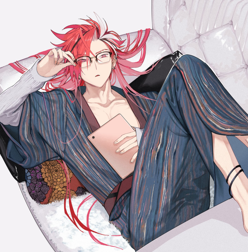 1boy alternate_costume bangs black-framed_eyewear black_hair chair commentary_request couch earrings expressionless fate/grand_order fate_(series) feet_out_of_frame glasses highres holding ipad japanese_clothes jewelry k500yen kimono long_hair long_sleeves looking_at_viewer lying male_focus multicolored_hair open_clothes open_kimono red_eyes redhead solo split-color_hair streaked_hair tablet_pc takasugi_shinsaku_(fate) white_hair