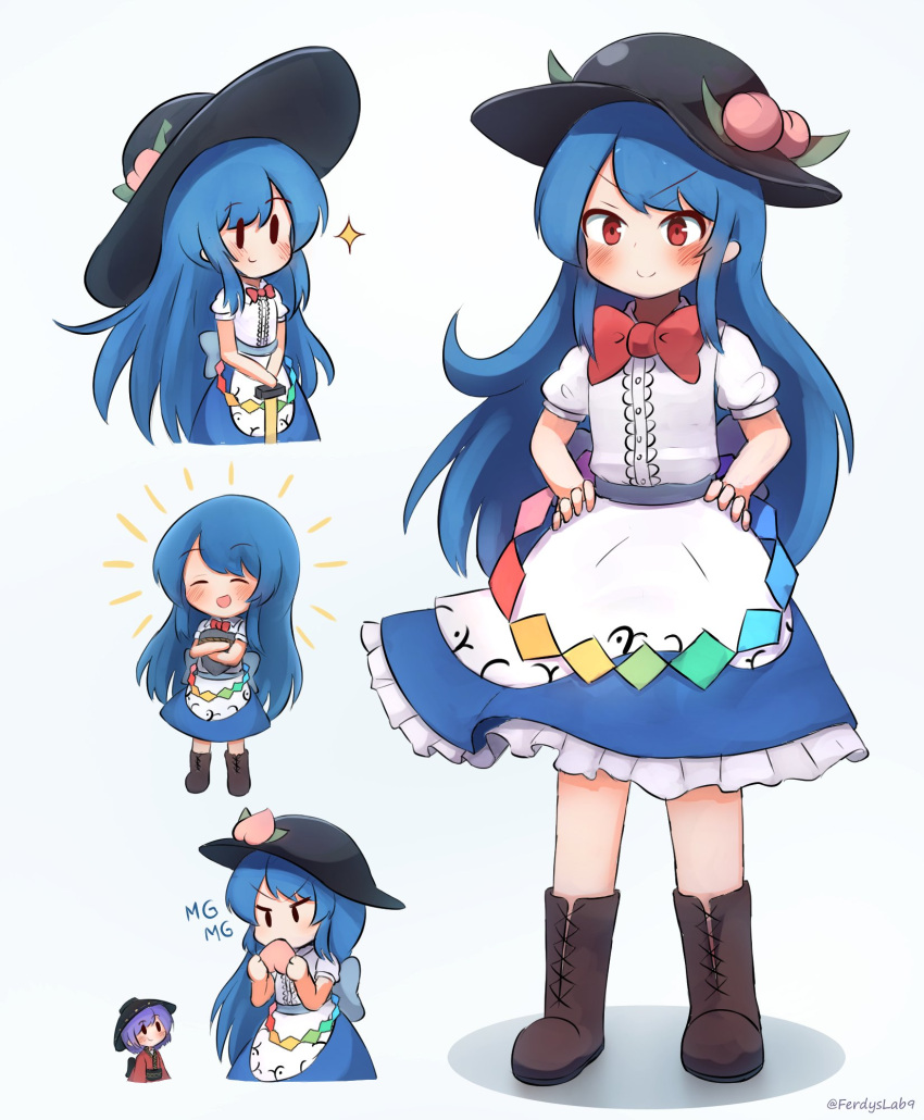 1girl apron black_headwear blouse blue_bow blue_hair blue_skirt bow bowtie brown_footwear buttons cross-laced_footwear dress_shirt eating ferdy's_lab food frills fruit hands_on_hips hat highres hinanawi_tenshi leaf long_hair mg_mg multiple_persona neck_ribbon no_hat no_headwear peach puffy_short_sleeves puffy_sleeves rainbow_order red_bow red_bowtie red_eyes ribbon shirt shoes short_sleeves simple_background skirt smile sukuna_shinmyoumaru sword_of_hisou touhou white_background white_blouse white_shirt wing_collar