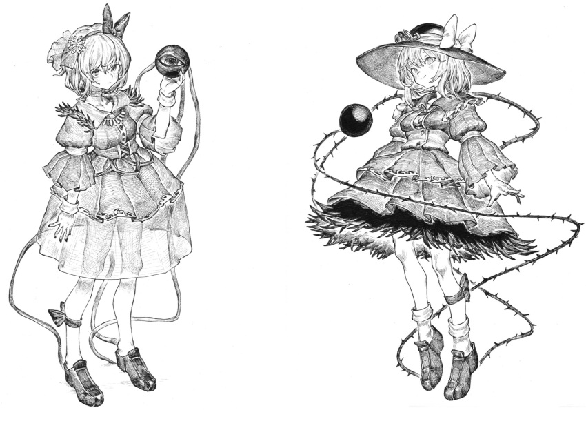 2girls :| adapted_costume arm_at_side arm_garter arms_at_sides blush bobby_socks bow breasts buttons choker closed_mouth commentary corset diamond_button fingernails flower frilled_shirt_collar frills full_body greyscale hair_bow hair_flower hair_ornament hair_ribbon hairband hand_up hat hat_bow hat_flower highres komeiji_koishi komeiji_satori layered_skirt leg_ribbon long_sleeves looking_at_viewer mashimashi medium_hair monochrome multiple_girls ribbon see-through_skirt shirt shoes short_hair siblings sisters skirt small_breasts smile socks standing third_eye thorns touhou traditional_media wide_sleeves wrist_cuffs