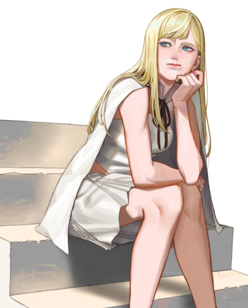 1girl absurdres blonde_hair blue_eyes capelet dress gigi_andalusia gundam gundam_hathaway's_flash hair_behind_ear highres joie lipgloss ribbon simple_background sitting sitting_on_stairs solo stairs white_background white_capelet white_dress