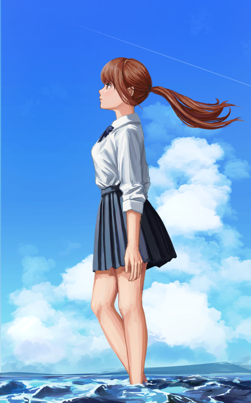 1girl absurdres black_bow black_bowtie black_skirt blue_sky bow bowtie brown_eyes brown_hair clouds commentary contrail day feet_out_of_frame from_side highres long_hair nemo_ringo ocean original outdoors pleated_skirt ponytail profile school_uniform shirt skirt sky sleeves_rolled_up solo symbol-only_commentary wading white_shirt