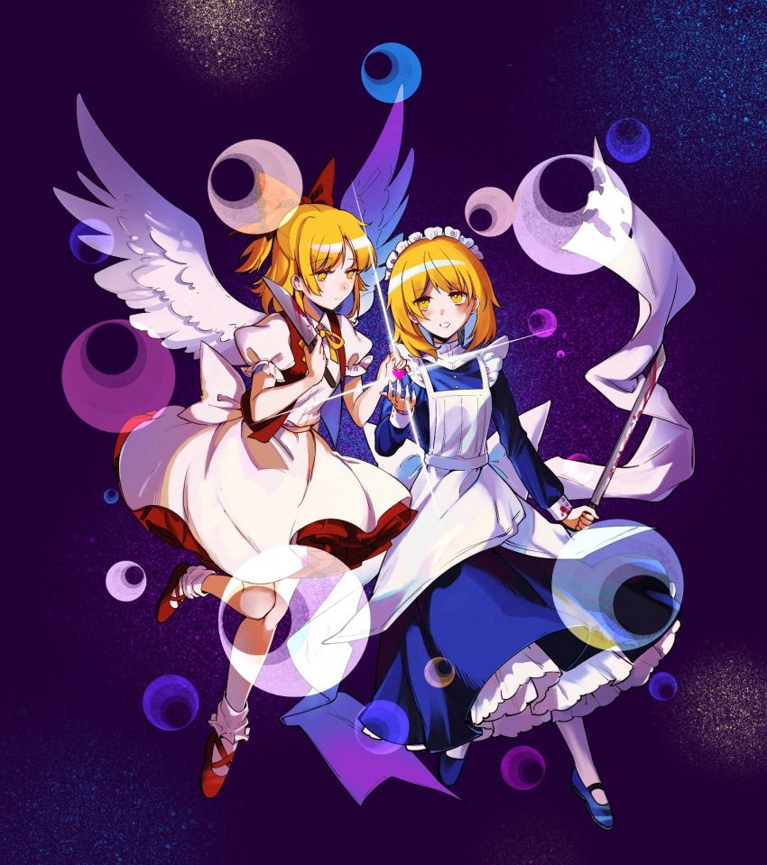 2girls angel_wings apron blonde_hair blood blood_on_weapon blue_dress blue_footwear bobby_socks bow bowtie commentary_request crescent dress feathered_wings frilled_dress frilled_skirt frills gengetsu_(touhou) hair_bow heart highres holding holding_knife holding_sword holding_weapon juliet_sleeves knife long_sleeves lotus_land_story maid mary_janes mugetsu_(touhou) multiple_girls open_clothes open_mouth open_vest pantyhose puffy_short_sleeves puffy_sleeves red_bow red_footwear red_vest shirt shoes short_hair short_sleeves siblings sisters skirt socks sword touhou touhou_(pc-98) vest weapon white_apron white_legwear white_shirt white_wings wings yellow_bow yellow_bowtie yellow_eyes yorktown_cv-5