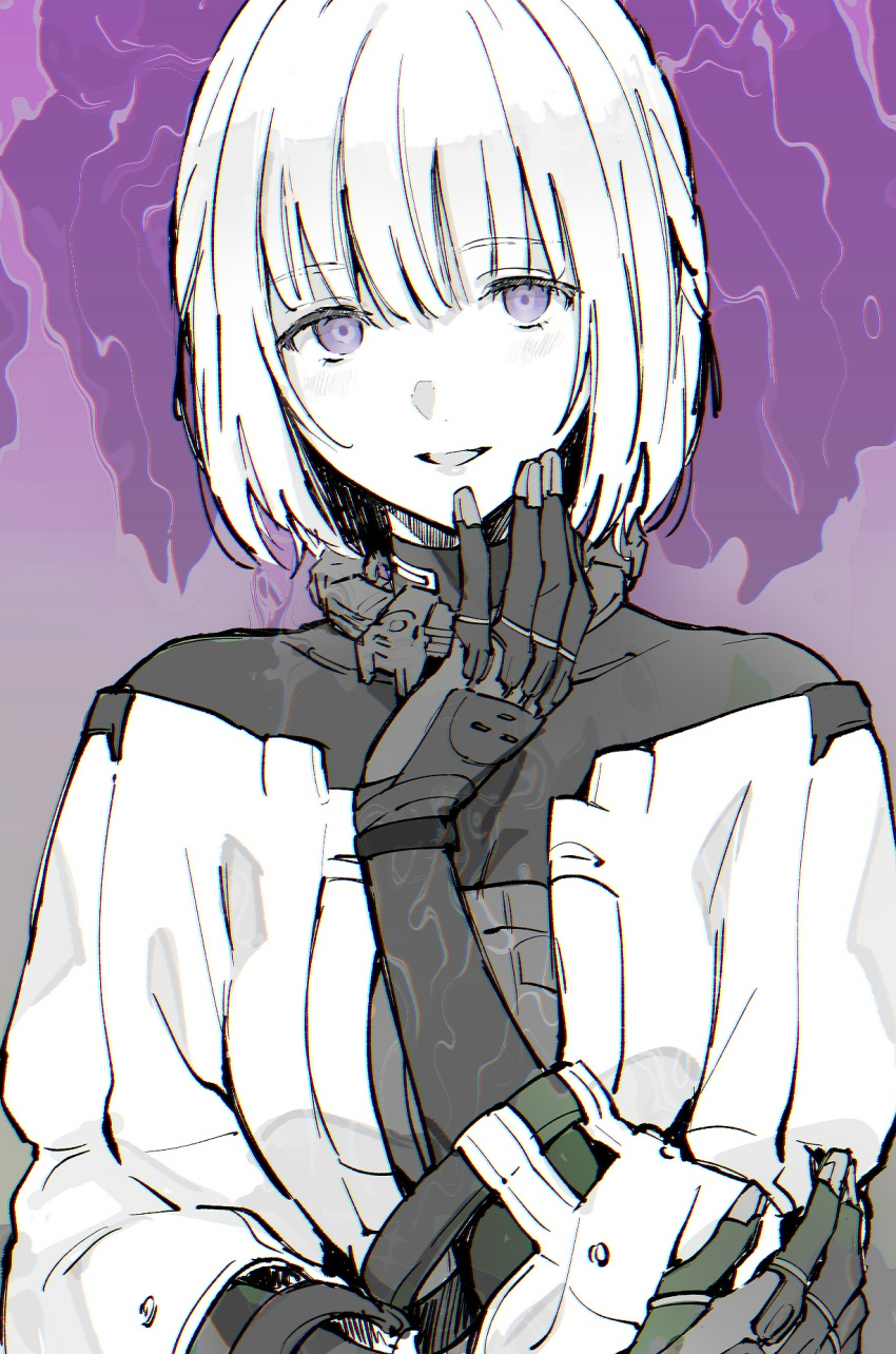 1girl bangs blush breasts commentary_request dm_owr eyebrows_visible_through_hair girls_frontline gloves hair_between_eyes hand_on_own_cheek hand_on_own_face highres limited_palette looking_at_viewer medium_breasts open_mouth purple_background rpk-16_(girls'_frontline) short_hair smile solo upper_body violet_eyes white_hair
