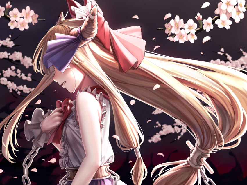 1girl bare_shoulders blurry bow bowtie breasts chain cherry_blossoms crying depth_of_field flower frills from_side hair_bow hand_on_own_chest hand_up highres horn_ornament horn_ribbon horns ibuki_suika light_brown_hair long_hair one_eye_covered oni_horns pink_flower profile red_bow red_bowtie ribbon small_breasts solo streaming_tears tears torinari_(dtvisu) touhou upper_body very_long_hair
