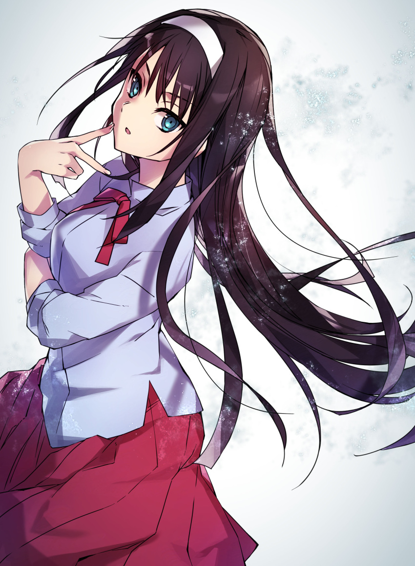 1girl absurdres aqua_eyes black_hair floating_hair grey_shirt hairband highres long_hair long_skirt long_sleeves neck_ribbon open_mouth pleated_skirt red_ribbon red_skirt ribbon shigure_(shigure_43) shiny shiny_hair shirt skirt solo standing tohno_akiha tsukihime very_long_hair white_hairband