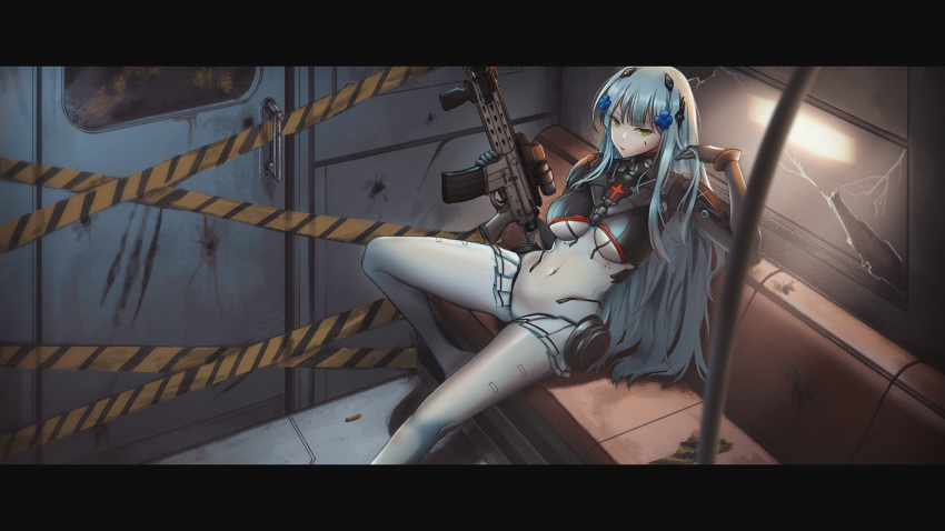 1girl armored_bodysuit assault_rifle bangs black_bodysuit black_border blunt_bangs bodysuit border breasts commentary covered_navel cross_hair_ornament girls_frontline green_eyes gun h&amp;k_hk416 hair_ornament highres hip_gear hk416_(girls'_frontline) hk416_(midnight_evangelion)_(girls'_frontline) indoors large_breasts long_hair magazine_(weapon) multicolored_bodysuit multicolored_clothes official_alternate_costume persocon93 rifle scope shell_casing silver_hair sitting solo teardrop_facial_mark teardrop_tattoo weapon white_bodysuit