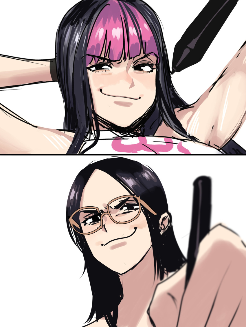 2girls absurdres bangs black_hair blunt_bangs drawing glasses han_juri hanny_(uirusu_chan) highres long_hair multicolored_hair multiple_girls official_alternate_costume pink_hair smirk smug street_fighter street_fighter_v white_background