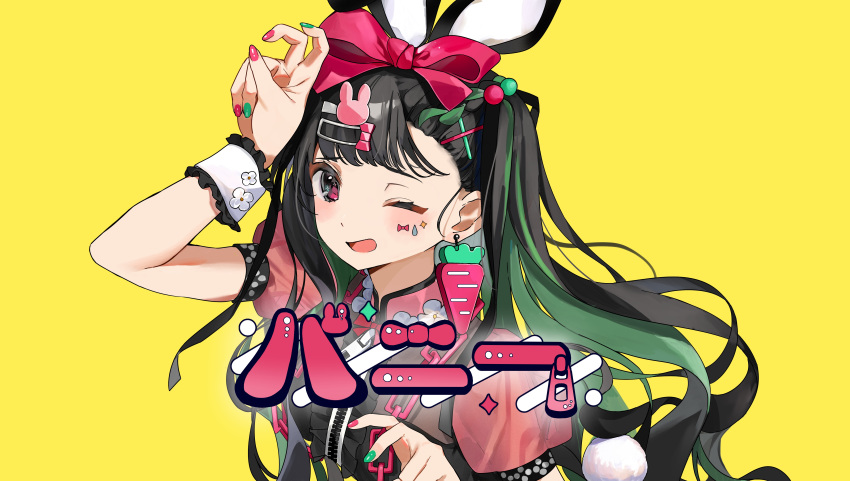 1girl absurdres animal_ears black_hair black_ribbon bow bunny_hair_ornament carrot_earrings chain commentary_request dress earrings facial_mark food-themed_earrings green_hair green_nails hair_bow hair_ornament hair_ribbon hand_up highres jewelry long_hair looking_at_viewer mikanoisi multicolored_hair multicolored_nails one_eye_closed open_mouth original partial_commentary pink_bow pink_dress pink_eyes rabbit_ears red_nails ribbon short_sleeves simple_background smile solo star_(symbol) star_facial_mark streaked_hair teardrop_facial_mark translated twintails upper_body wrist_cuffs yellow_background zipper zipper_pull_tab