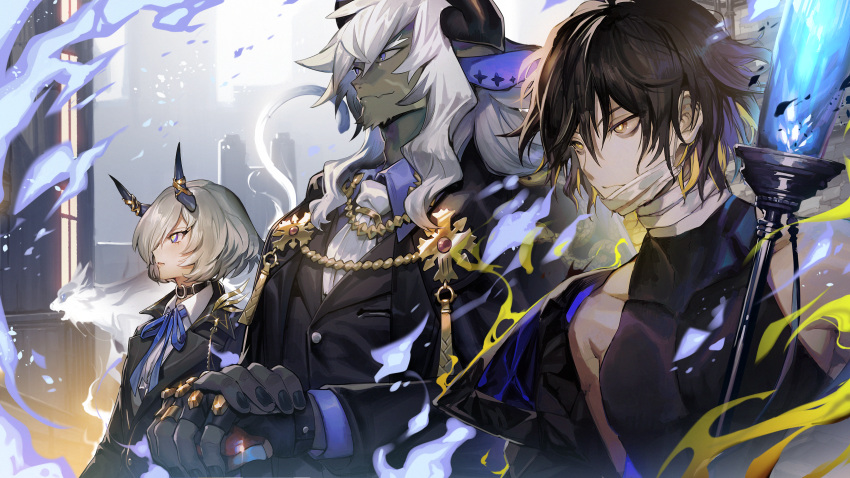 3boys aoki_(fumomo) bangs bare_shoulders belt_collar black_hair black_jacket black_shirt blazer blonde_hair blue_eyes blue_fire blue_ribbon buttons cat closed_mouth collar collarbone commentary_request day eyebrows_behind_hair fire formal from_side grey_hair hair_between_eyes highres horns jacket long_hair male_focus multicolored_hair multiple_boys neck_ribbon parted_lips ribbon shirt short_hair sleeveless sleeveless_shirt standing streaked_hair suit sunlight swept_bangs upper_body white_cat white_hair white_shirt yellow_eyes