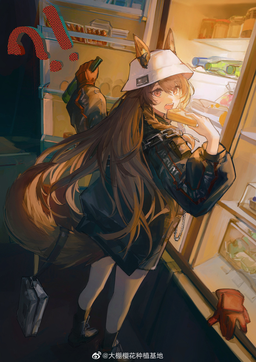 1girl animal_ears arknights bag black_footwear black_jacket black_legwear bottle brown_hair ceobe_(arknights) ceobe_(unfettered)_(arknights) chain dog_ears dog_girl dog_tail dutch_angle ears_through_headwear eyebrows_visible_through_hair food from_behind gloves gloves_removed hands_up hat highres holding holding_bottle holding_food holding_with_tail jacket long_hair looking_at_viewer neriash official_alternate_costume open_mouth prehensile_tail red_eyes red_gloves refrigerator shoes single_glove socks solo tail weibo_username white_headwear