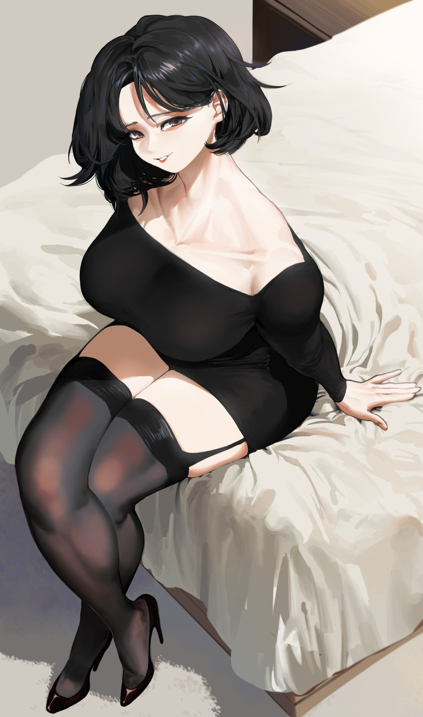 1girl absurdres bangs bed black_dress black_footwear black_hair bob_cut breasts collarbone crossed_legs dress from_above garter_straps ghdwid high_heels highres large_breasts legs long_sleeves looking_at_viewer mature_female on_bed original short_hair sitting sitting_on_bed smile solo thick_thighs thigh-highs thighs zettai_ryouiki