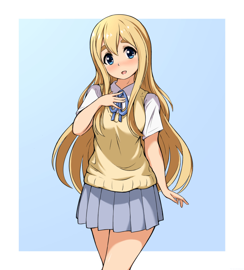1girl :d bangs blonde_hair blue_background blue_eyes blue_ribbon blue_skirt blush commentary hair_between_eyes hand_on_own_chest highres k-on! kotobuki_tsumugi long_hair looking_at_viewer miniskirt open_mouth ribbon sakuragaoka_high_school_uniform school_uniform shirt short_sleeves simple_background skirt smile solace solo sweater_vest thick_eyebrows two-tone_background very_long_hair vest white_background white_shirt yellow_vest