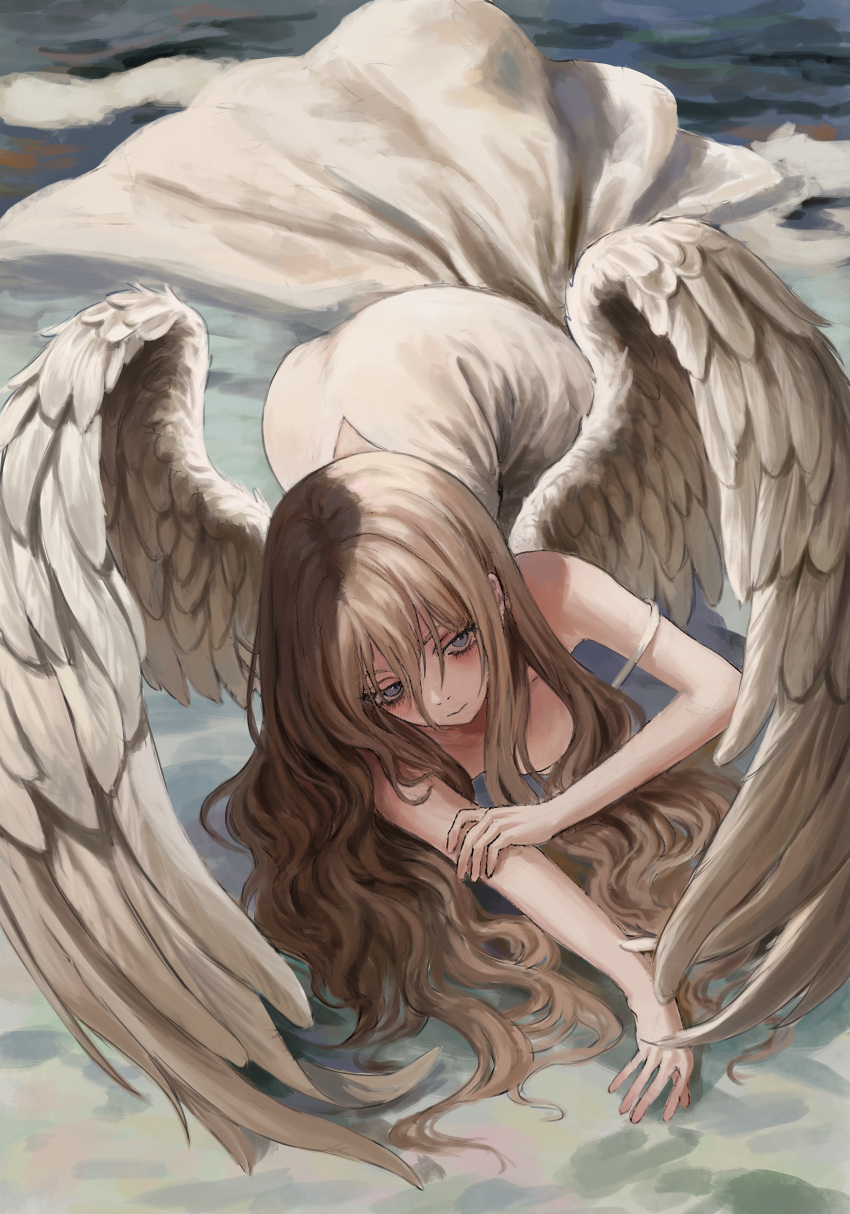 1girl absurdres angel angel_wings bare_shoulders blonde_hair blue_eyes breasts closed_mouth dress feathered_wings gold_can hair_between_eyes highres long_hair original sleeveless sleeveless_dress solo white_dress white_wings wings