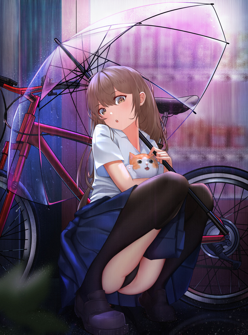1girl :o absurdres bicycle black_legwear black_panties black_power-98-1-15 blurry blurry_background brown_eyes brown_hair cat clothing_cutout commentary_request dress eyes_visible_through_hair fangs frilled_dress frills full_body ground_vehicle hair_between_eyes highres holding holding_umbrella knees_together_feet_apart long_hair looking_at_viewer lower_teeth open_mouth original outdoors panties pantyshot rain see-through shadow sharp_teeth shirt shoes short_sleeves solo squatting teeth thigh-highs umbrella underwear vending_machine white_shirt zettai_ryouiki