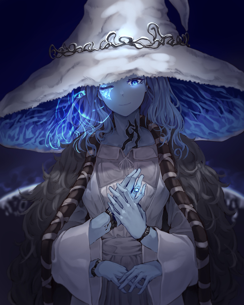 1girl absurdres blue_eyes blue_hair blue_skin closed_mouth colored_skin elden_ring enin extra_arms fur_cloak hat highres jewelry long_sleeves one_eye_closed ranni_the_witch ring short_hair smile solo white_headwear witch witch_hat