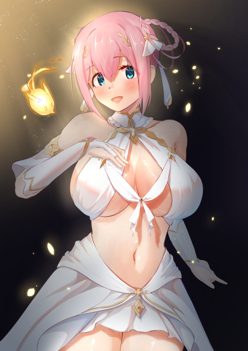 1girl absurdres arm_behind_back bangs bare_shoulders blue_eyes blush braid breasts bridal_gauntlets elbow_gloves eyebrows_visible_through_hair gloves hair_between_eyes hair_rings halterneck hand_up highres huge_breasts looking_at_viewer midriff open_mouth pink_hair pirumu princess_connect! revealing_clothes short_hair skirt solo standing tareme white_gloves white_skirt yui_(princess_connect!)