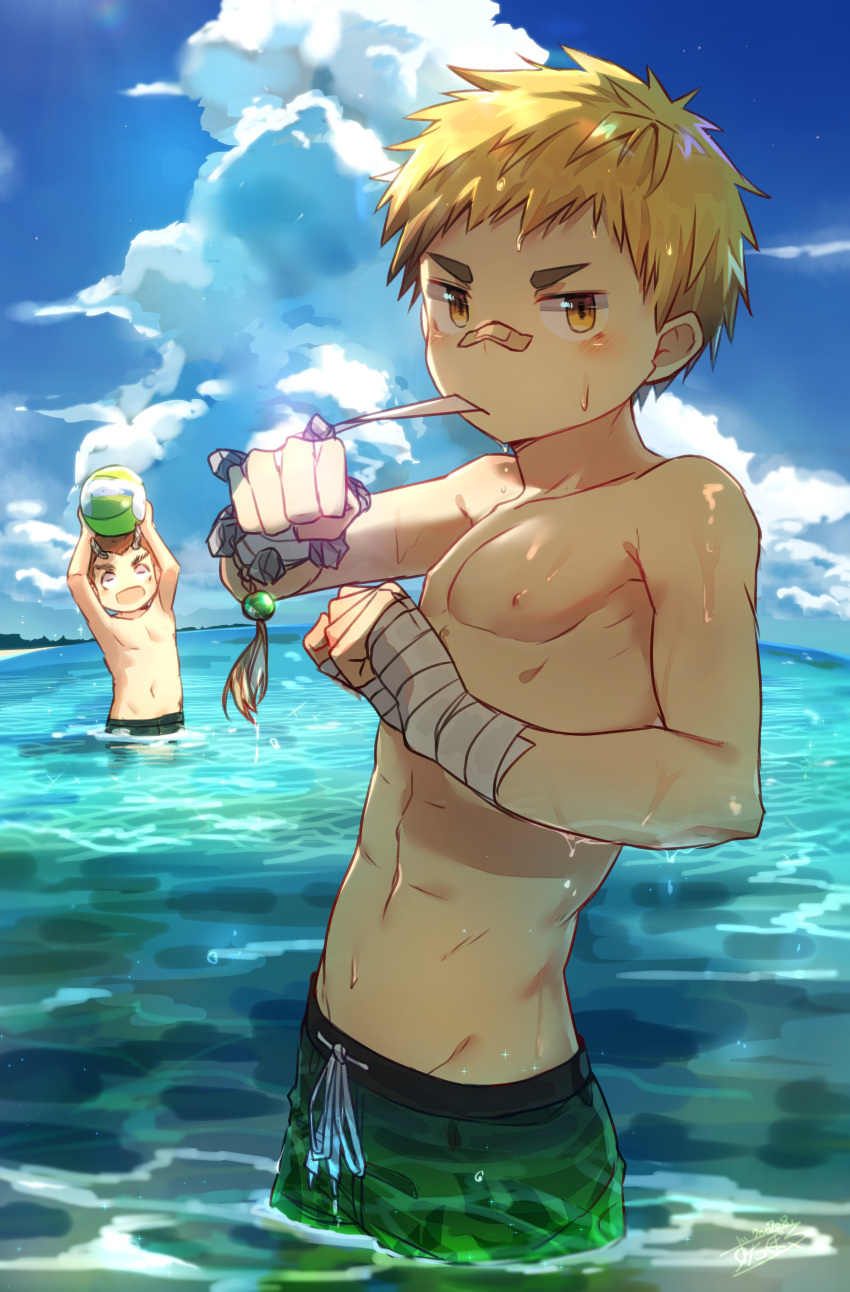 2boys absurdres blonde_hair brown_hair clouds cloudy_sky commentary_request day demon_boy highres horns looking_at_viewer male_focus male_swimwear multiple_boys muscular_shota ocean one-piece_swimsuit original sky swim_trunks swimming swimsuit topless_male water yellow_eyes zutabo2