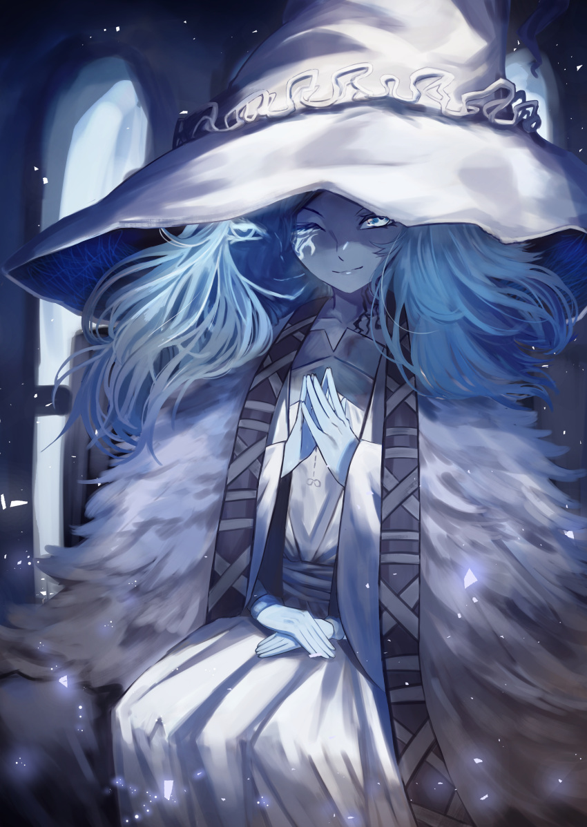 1girl absurdres blue_eyes blue_hair blue_skin cloak colored_skin dress elden_ring extra_arms facial_mark fur_trim hat highres large_hat long_hair m0_chi one_eye_closed ranni_the_witch sitting smile solo wavy_hair witch witch_hat