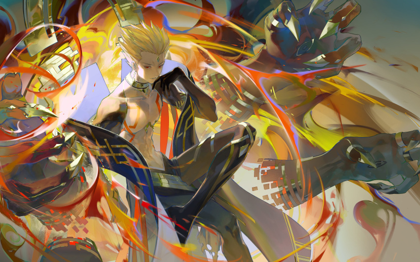 1boy abs absurdres blonde_hair clothing_request collarbone crossed_legs earrings evil_grin evil_smile fate_(series) fire gilgamesh_(fate) gold grin hand_up highres jewelry looking_at_viewer male_focus parted_lips pectorals red_eyes short_hair sitting smile solo spiky_hair toned toned_male v-shaped_eyebrows w_zhengz