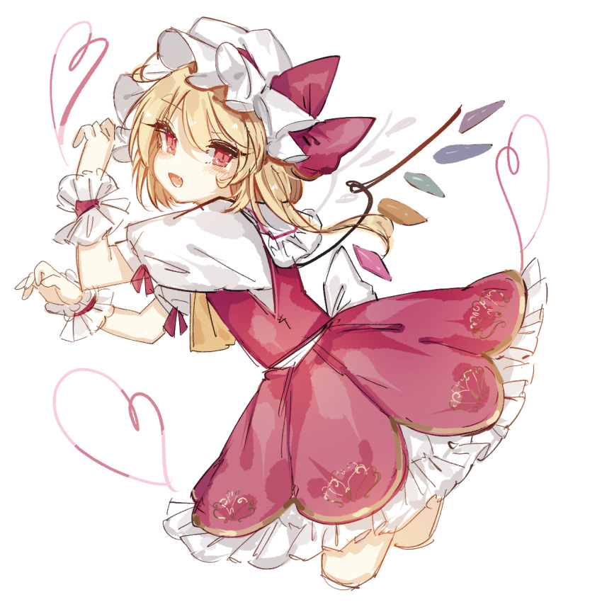 1girl blonde_hair bow crystal flandre_scarlet frilled_shirt_collar frilled_skirt frilled_sleeves frills hat hat_ribbon highres long_hair looking_at_viewer mob_cap puffy_short_sleeves puffy_sleeves red_bow red_eyes red_ribbon red_skirt red_vest ribbon shirt short_hair short_sleeves side_ponytail skirt solo sorani_(kaeru0768) touhou vest white_background white_shirt wings yellow_neckwear