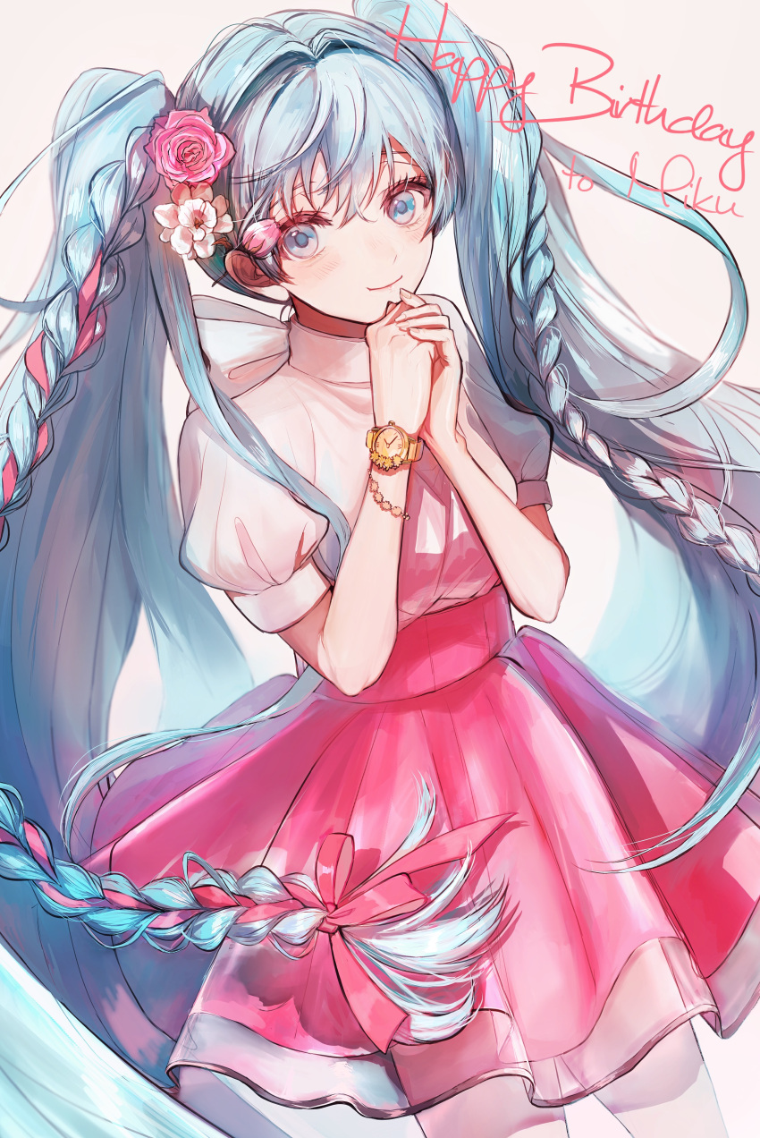 1girl absurdres blue_eyes blue_hair braid commentary_request cowboy_shot flower hair_flower hair_ornament hands_up happy_birthday hatsune_miku highres long_hair looking_at_viewer own_hands_together pink_flower pink_ribbon pink_skirt pipi ribbon ribbon_braid shirt short_sleeves simple_background skirt solo twin_braids very_long_hair vocaloid watch watch white_background white_flower white_shirt