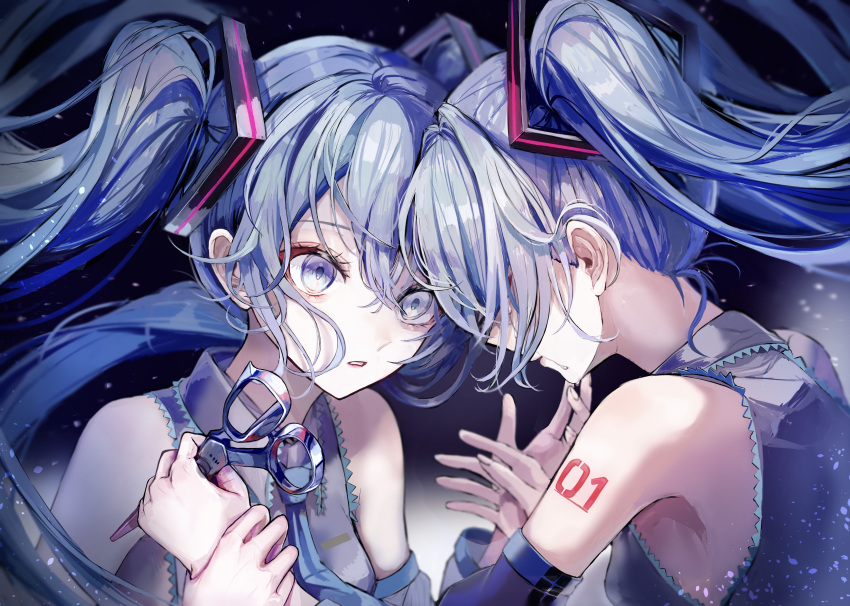 2girls absurdres arm_tattoo black_background blue_eyes blue_hair blue_necktie collared_shirt commentary_request crying detached_sleeves dual_persona grey_shirt hatsune_miku highres holding holding_another's_wrist holding_scissors long_hair multiple_girls necktie parted_lips pipi scissors shirt sleeveless sleeveless_shirt tattoo tears twintails upper_body vocaloid