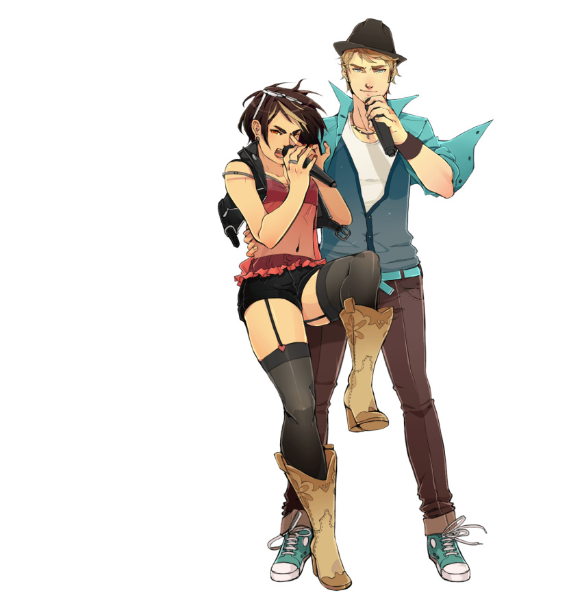 1boy 1girl aqua_belt aqua_footwear aqua_shirt archived_source arm_around_waist belt black_headwear black_legwear black_shorts black_vest blonde_hair blue_eyes blue_vest boots bra breasts brown_footwear brown_hair brown_pants bruno_(vocaloid) clara_(vocaloid) closed_mouth collarbone cowboy_boots dress_shirt earrings eyewear_on_head facial_hair fingernails full_body furrowed_brow garter_straps hand_up hands_up heart heart-shaped_eyewear high_tops highres holding holding_microphone jewelry leg_up legs_apart looking_at_viewer microphone multicolored_hair music navel necklace official_art open_clothes open_mouth open_shirt orange_eyes pants red_nails red_shirt ring rumple_(artist) see-through see-through_legwear see-through_shirt shirt shoes short_hair short_shorts shorts singing sleeveless small_breasts sneakers standing standing_on_one_leg streaked_hair stubble stud_earrings thigh-highs transparent_background underwear vest vocaloid wristband
