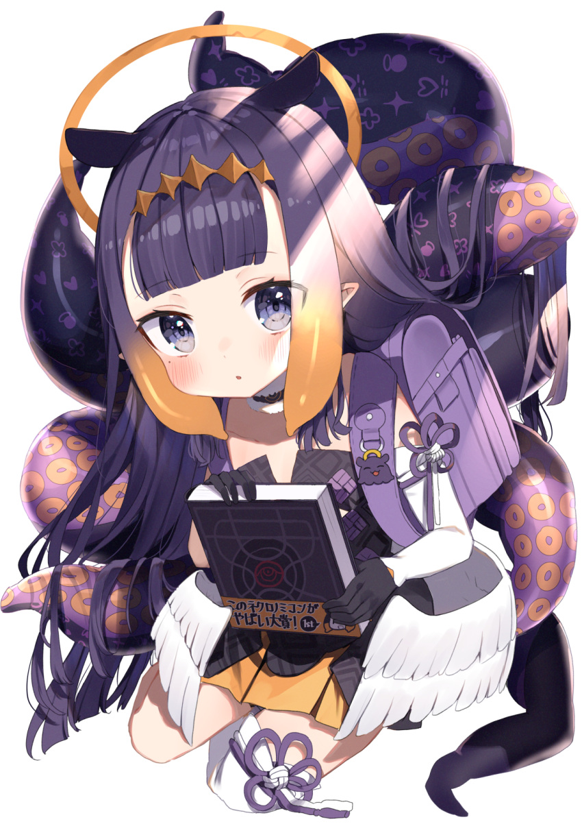 1girl animal_ears ao-chan_(ninomae_ina'nis) backpack bag bangs black_dress black_gloves blonde_hair blunt_bangs blush book detached_sleeves dress eyebrows_visible_through_hair full_body gloves halo highres holding holding_book hololive hololive_english long_hair long_sleeves looking_at_viewer low_wings multicolored_hair ninomae_ina'nis noi_mine parted_lips pointy_ears purple_hair sidelocks simple_background single_detached_sleeve single_thighhigh sitting solo streaked_hair tako_(ninomae_ina'nis) tentacles thigh-highs very_long_hair virtual_youtuber white_background white_legwear wings younger