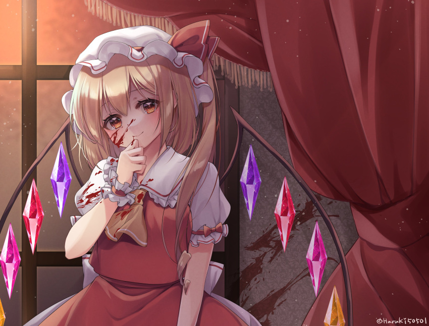 1girl absurdres arm_at_side ascot back_bow bangs blonde_hair blood blood_on_face blood_on_wall blood_splatter blush bow collar commentary_request crystal eyelashes flandre_scarlet frilled_collar frills hand_to_own_mouth haruki_(colorful_macaron) hat hat_ribbon head_tilt highres mob_cap multicolored_wings one_side_up puffy_short_sleeves puffy_sleeves red_curtains red_eyes red_ribbon red_skirt red_vest ribbon sash short_hair short_sleeves skirt smile solo standing touhou vest white_headwear white_sash window wing_collar wings wrist_cuffs yellow_ascot