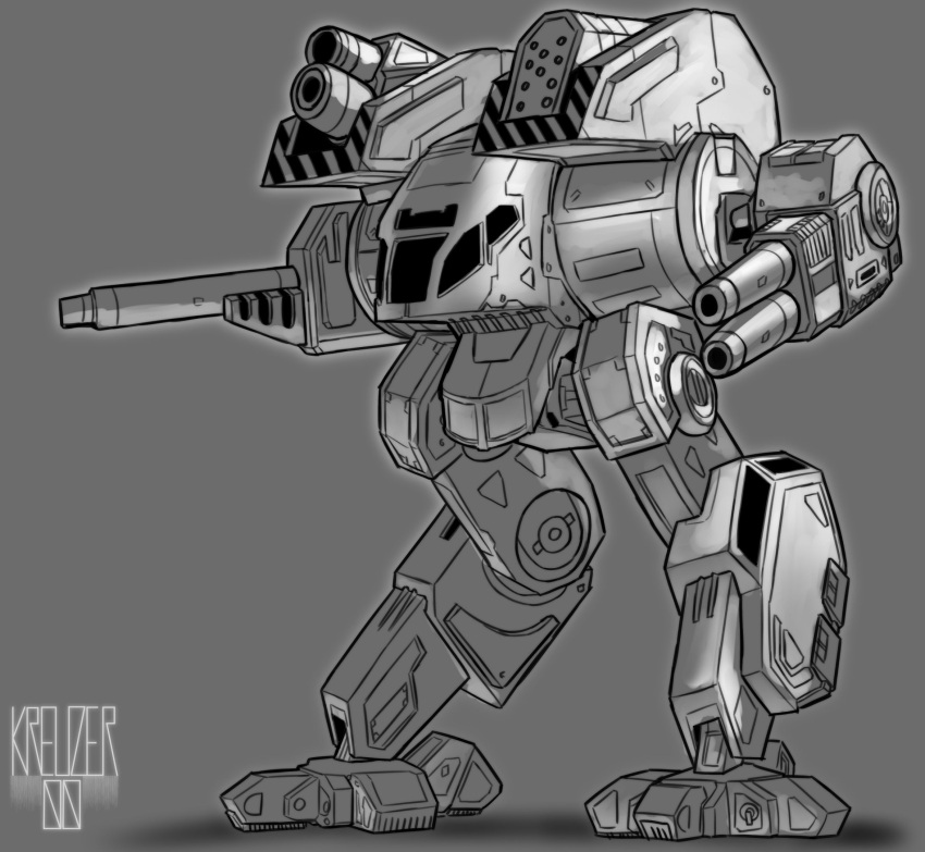 battletech conjurer_(battletech) grey_background greyscale highres kreuzer_00 mecha mechwarrior_4:_mercenaries monochrome no_humans science_fiction shadow shoulder_cannon solo standing walker