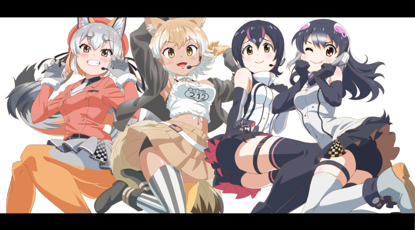 1girl 4girls african_penguin_(kemono_friends) american_flag animal_ears asymmetrical_legwear bare_shoulders beige_skirt belt bike_shorts_under_skirt black_gloves black_hair black_jacket black_legwear black_shirt black_skirt blonde_hair blush choker claw_pose collared_shirt commentary_request coyote_(kemono_friends) coyote_ears coyote_girl coyote_tail elbow_gloves extra_ears eyebrows_visible_through_hair fox_ears fox_girl fox_tail fur_trim garter_straps gloves grey_gloves grey_hair grey_legwear grey_skirt headphones high_collar highres humboldt_penguin_(kemono_friends) island_fox_(kemono_friends) jacket kemono_friends kemono_friends_v_project long_sleeves looking_at_viewer microphone midriff multicolored_hair multiple_girls navel necktie official_alternate_costume one_eye_closed open_clothes open_jacket orange_hair orange_jacket orange_legwear pantyhose penguin_girl penguin_tail pink_hair pleated_skirt purple_hair shirt short_hair skirt sleeveless spaghetti_strap streaked_hair striped striped_legwear sweater tail thigh-highs twintails two-tone_hair two-tone_legwear white_belt white_choker white_fur white_hair white_legwear white_necktie white_shirt white_sweater yamaguchi_yoshimi yellow_eyes yellow_legwear zettai_ryouiki