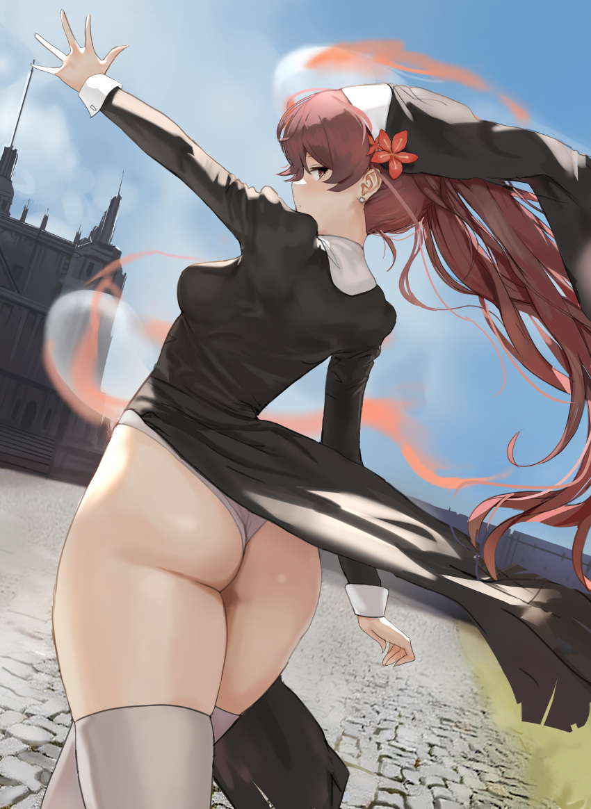 1girl absurdres ass ass_focus beil black_dress blue_sky breasts brown_hair dolri dress earrings flower from_behind genshin_impact hair_flower hair_ornament half-closed_eyes highres hu_tao_(genshin_impact) jewelry long_sleeves looking_at_viewer looking_back nun outstretched_arm panties puffy_long_sleeves puffy_sleeves red_eyes sideboob sky thick_thighs thigh-highs thighs twintails underwear white_legwear white_panties wind wind_lift