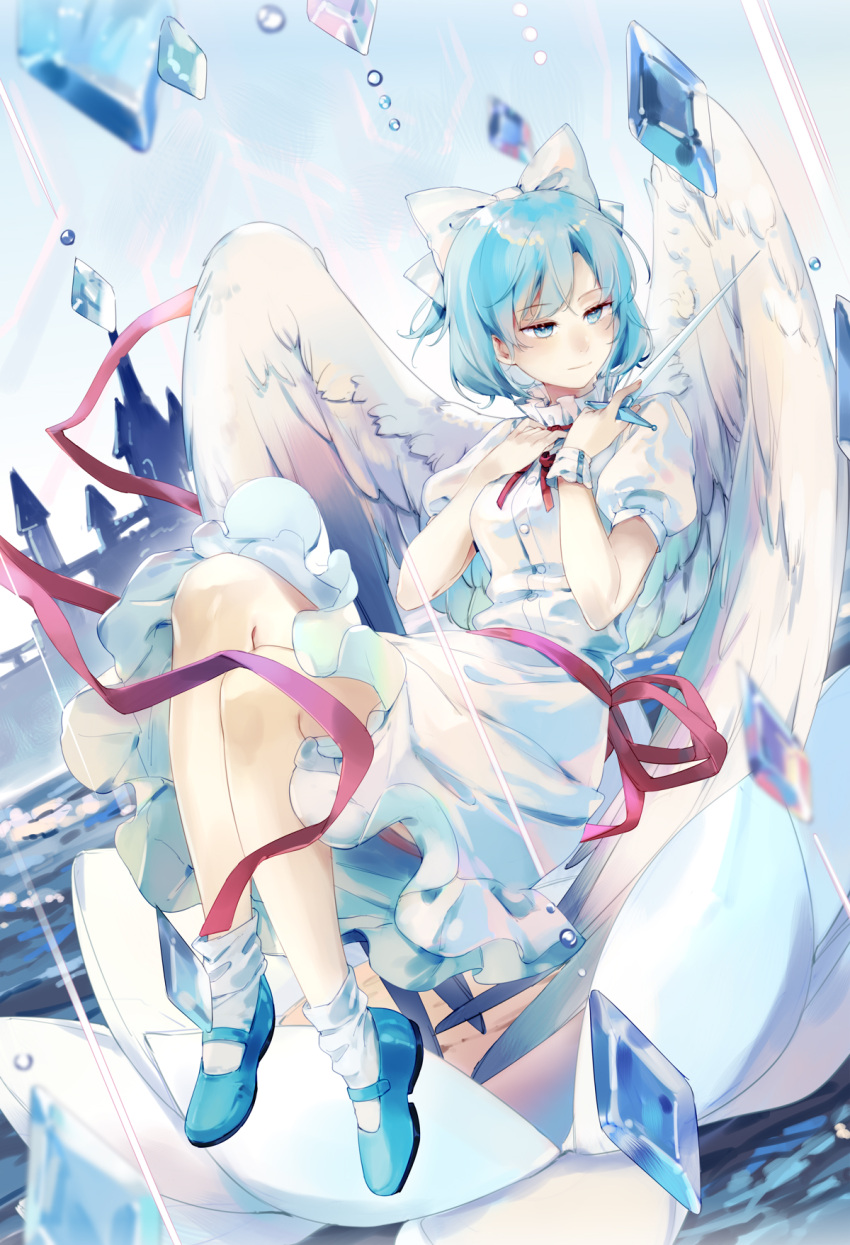 1girl angel_wings blue_eyes blue_footwear blue_hair bow dress feathered_wings frilled_dress frills full_body hair_bow hand_on_own_chest highres holding holding_sword holding_weapon ice mai_(touhou) mary_janes puffy_short_sleeves puffy_sleeves red_ribbon red_sash ribbon sash shoes short_hair short_sleeves socks sword touhou touhou_(pc-98) weapon white_bow white_dress white_legwear white_wings wings yorktown_cv-5