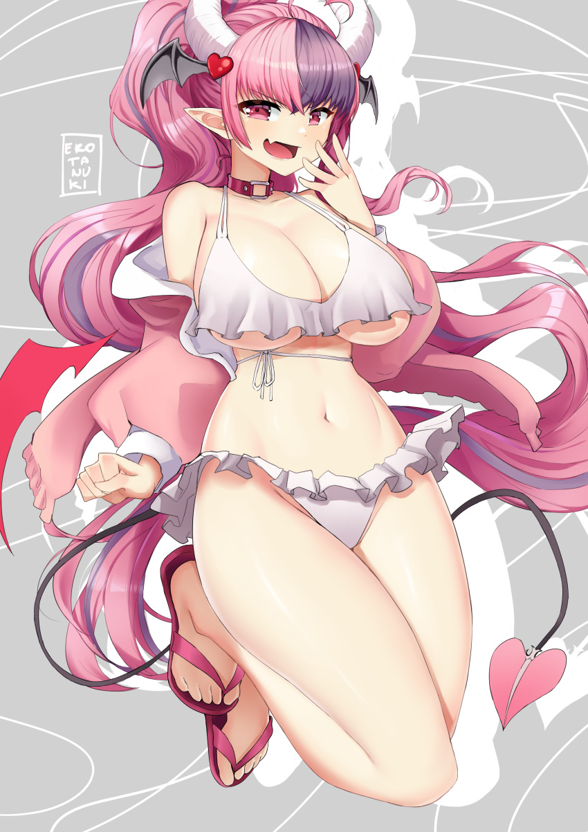 1girl absurdres bare_shoulders blush breasts erotanuki full_body hair_ornament highres horns huge_breasts ironmouse long_hair looking_at_viewer midriff navel open_mouth pink_eyes pink_hair sandals smile solo swimsuit tail under_boob very_long_hair virtual_youtuber vshojo white_swimsuit