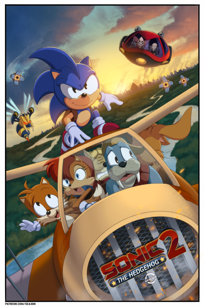 aircraft bunnie_rabbot chasing commentary cupofnex dr._eggman english_commentary flying from_above furry furry_male grass highres multiple_boys robot sally_acorn sonic_(series) sonic_adventure sonic_the_hedgehog sonic_the_hedgehog_(archie_comics) sonic_the_hedgehog_(classic) straight-on tails_(sonic)