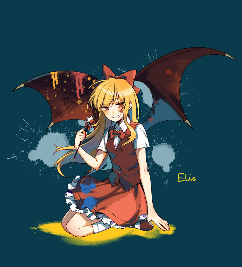 1girl bangs bat_wings blonde_hair blue_background bow bowtie brown_footwear brown_vest brown_wings character_name collared_shirt commentary_request elis_(touhou) facial_mark frilled_skirt frills full_body hair_bow highres holding holding_wand kneehighs long_hair mary_janes red_bow red_bowtie red_skirt seiza shirt shoes short_sleeves simple_background sitting skirt star_(symbol) star_wand touhou touhou_(pc-98) vest wand white_legwear white_shirt wings yorktown_cv-5