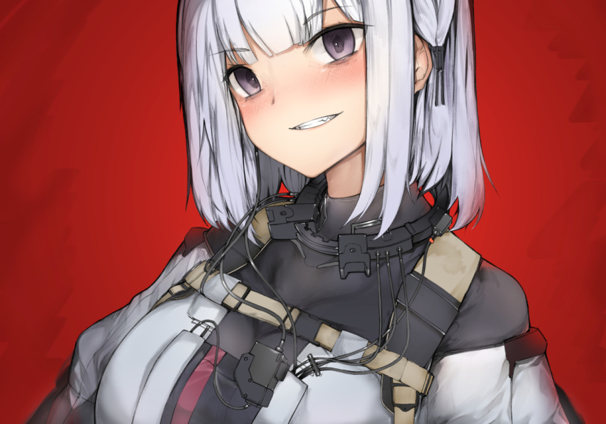 1girl bangs blush ekuesu eyebrows_visible_through_hair girls_frontline grin looking_at_viewer red_background rpk-16_(girls'_frontline) short_hair silver_hair smile solo tactical_clothes violet_eyes
