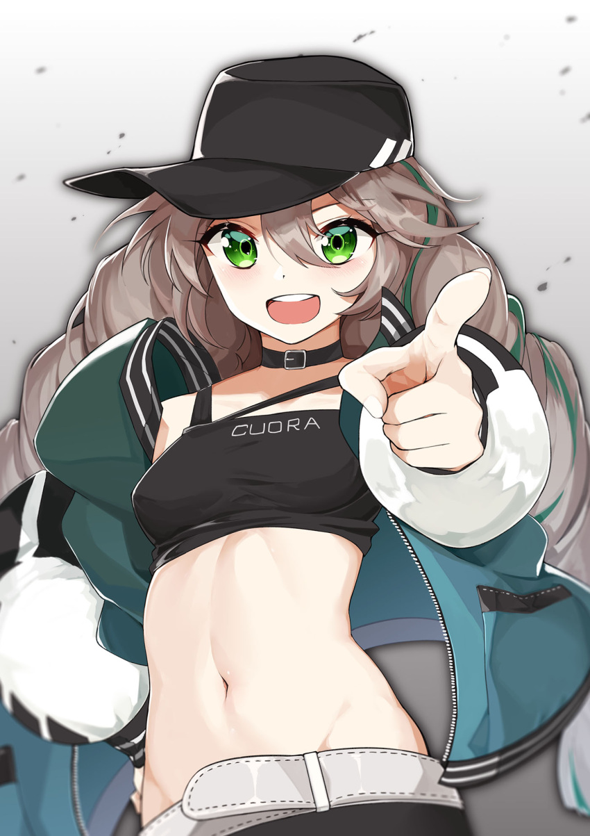 1girl arknights baseball_cap braid brown_hair character_name choker cuora_(arknights) dingding_tu duplicate green_eyes green_hair hat highres looking_at_viewer multicolored_hair navel open_clothes open_mouth pixel-perfect_duplicate pointing pointing_at_self smile solo streaked_hair twin_braids upper_body