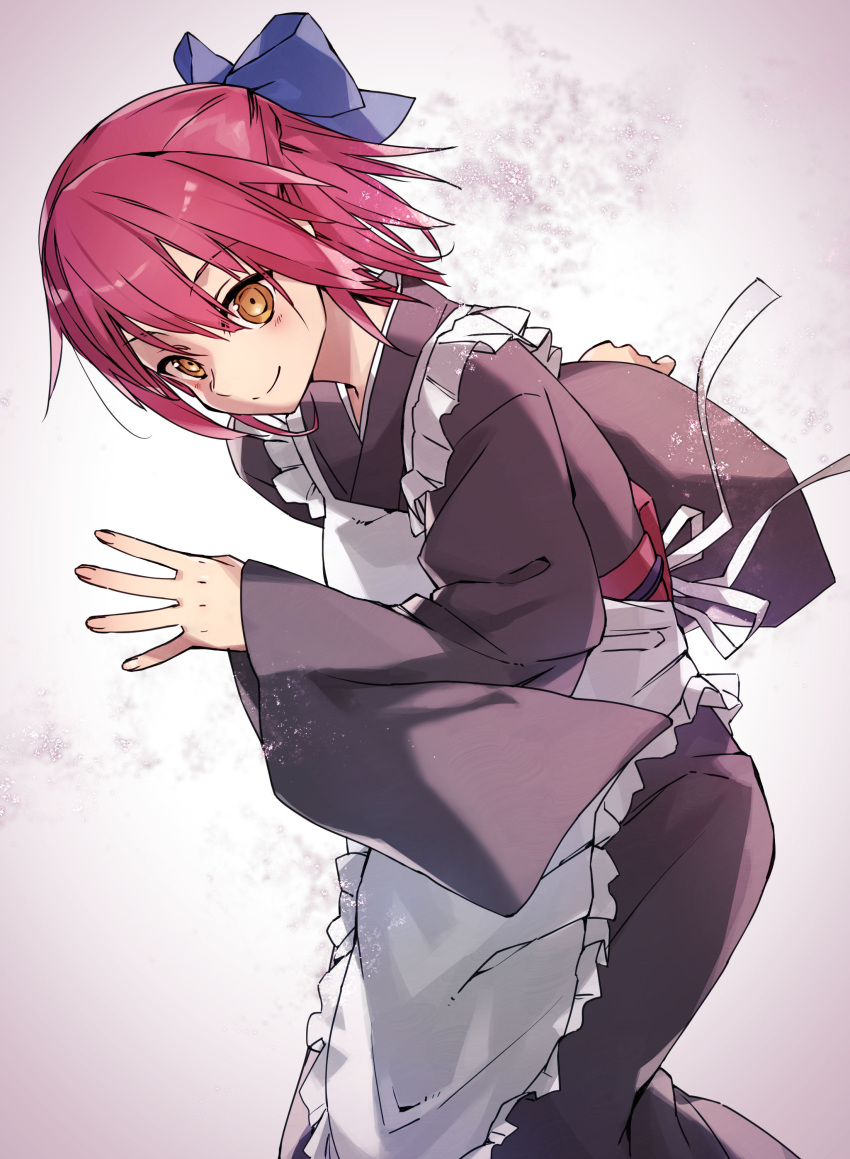 1girl absurdres apron bangs bow closed_mouth eyebrows_visible_through_hair hair_between_eyes hair_bow highres japanese_clothes kimono kohaku_(tsukihime) long_sleeves purple_bow purple_kimono redhead shigure_(shigure_43) shiny shiny_hair short_hair smile solo tied_hair tsukihime white_apron wide_sleeves yellow_eyes