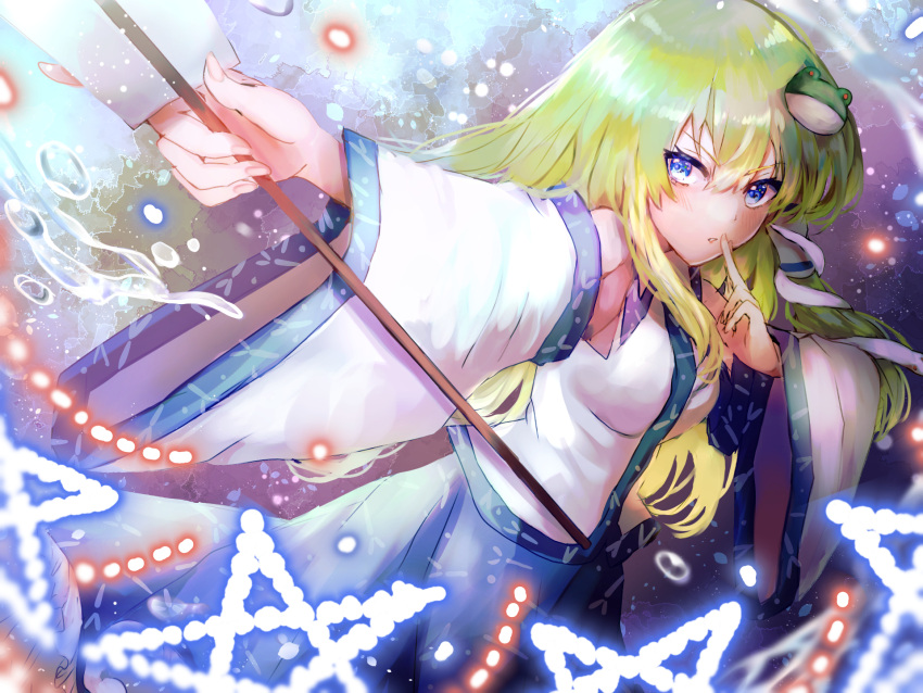 1girl arm_up bangs bare_shoulders blue_eyes blue_skirt breasts cowboy_shot danmaku detached_sleeves dutch_angle eyebrows_visible_through_hair finger_to_mouth frog_hair_ornament from_above gohei green_hair hair_between_eyes hair_ornament hair_tubes highres hikage_(0hi_kageo) holding holding_stick index_finger_raised kochiya_sanae long_hair long_sleeves looking_at_viewer medium_breasts outstretched_arm shirt skirt snake_hair_ornament solo spell_card stick touhou v-shaped_eyebrows very_long_hair water white_shirt wide_sleeves