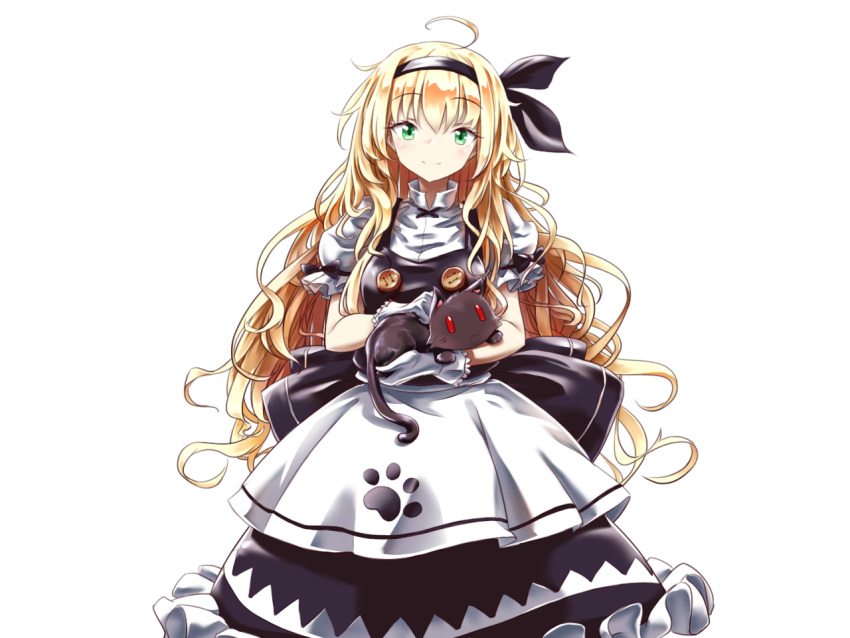 adapted_costume ahoge alternate_color animal apron back_bow black_bow black_cat black_hairband black_skirt black_vest bow breasts buttons cat findzhenxin frilled_skirt frills green_eyes hairband holding holding_animal holding_cat long_hair medium_breasts paw_print puffy_short_sleeves puffy_sleeves shirt short_sleeves skirt sokrates_(touhou) touhou touhou_(pc-98) transparent_background very_long_hair vest white_apron white_shirt