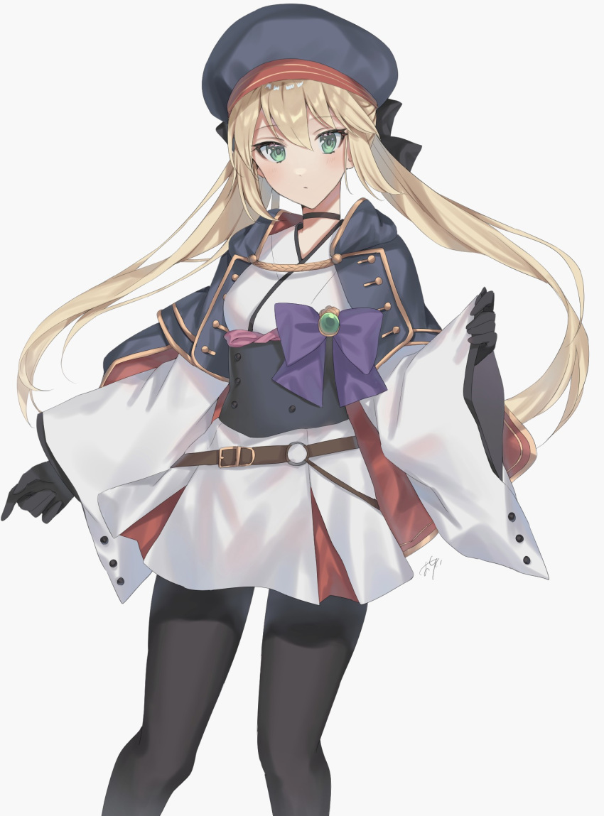 1girl artoria_pendragon_(caster)_(fate) artoria_pendragon_(fate) blonde_hair bow breasts choker commentary_request eyebrows_visible_through_hair fate/grand_order fate_(series) feet_out_of_frame gloves green_eyes hair_between_eyes hat highres long_hair long_sleeves looking_at_viewer oshage_(user_kpsn5534) pantyhose simple_background small_breasts solo twintails white_background