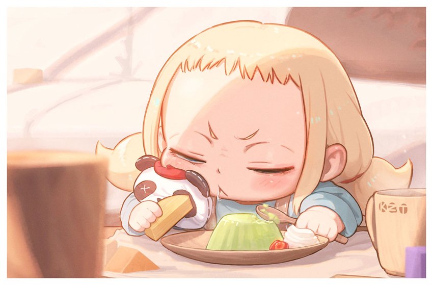 1girl :&lt; blonde_hair blurry blurry_background blurry_foreground child depth_of_field drooling food holding holding_spoon kozato_(yu_kozato) little_blonde_girl_(kozato) original pudding short_bangs sleeping solo spoon stuffed_toy twintails