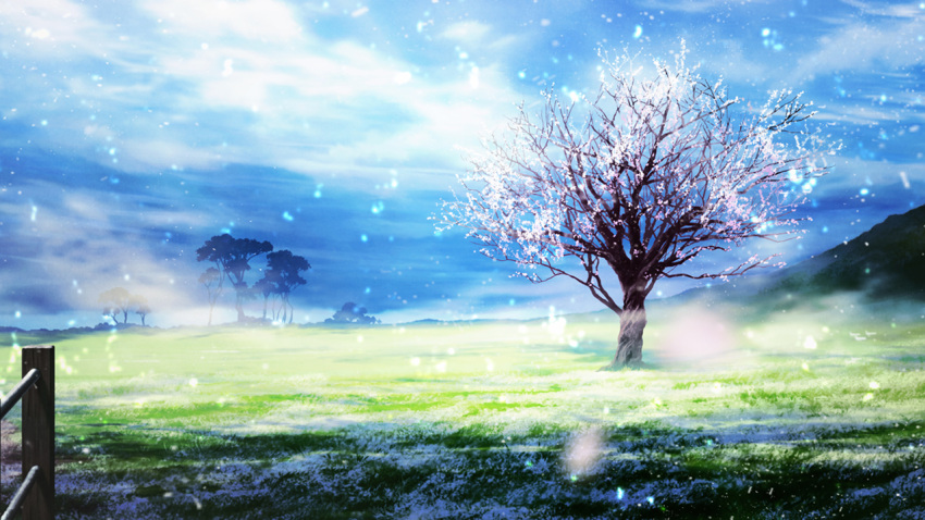 cherry_blossoms day fence game_cg kurono_mitsuki no_humans re:lief_~shin'ai_naru_anata_e~ scenery spring_(season)