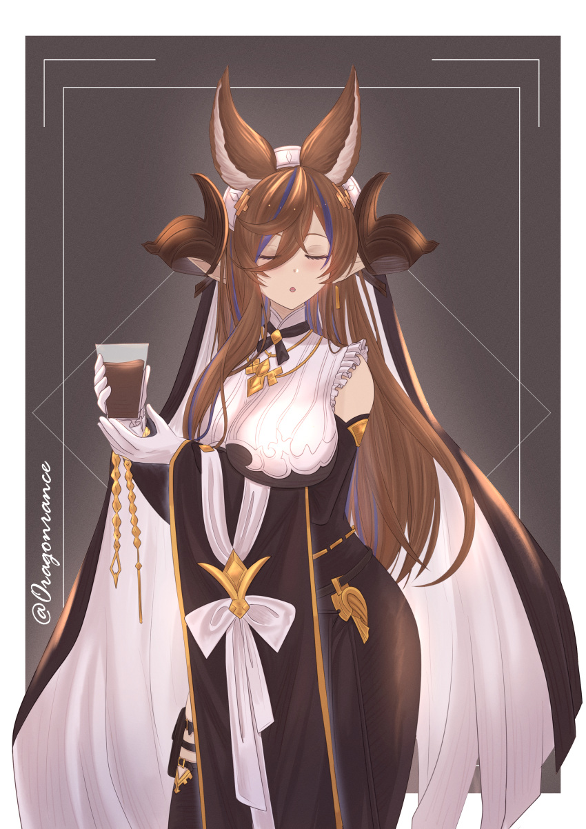 1girl :o absurdres animal_ears asymmetrical_hair bangs breasts brown_hair closed_eyes cup detached_sleeves drink frilled_sleeves frills galleon_(granblue_fantasy) glass gloves granblue_fantasy hair_between_eyes highres horns large_breasts long_hair pointy_ears rans_bc solo veil very_long_hair white_gloves