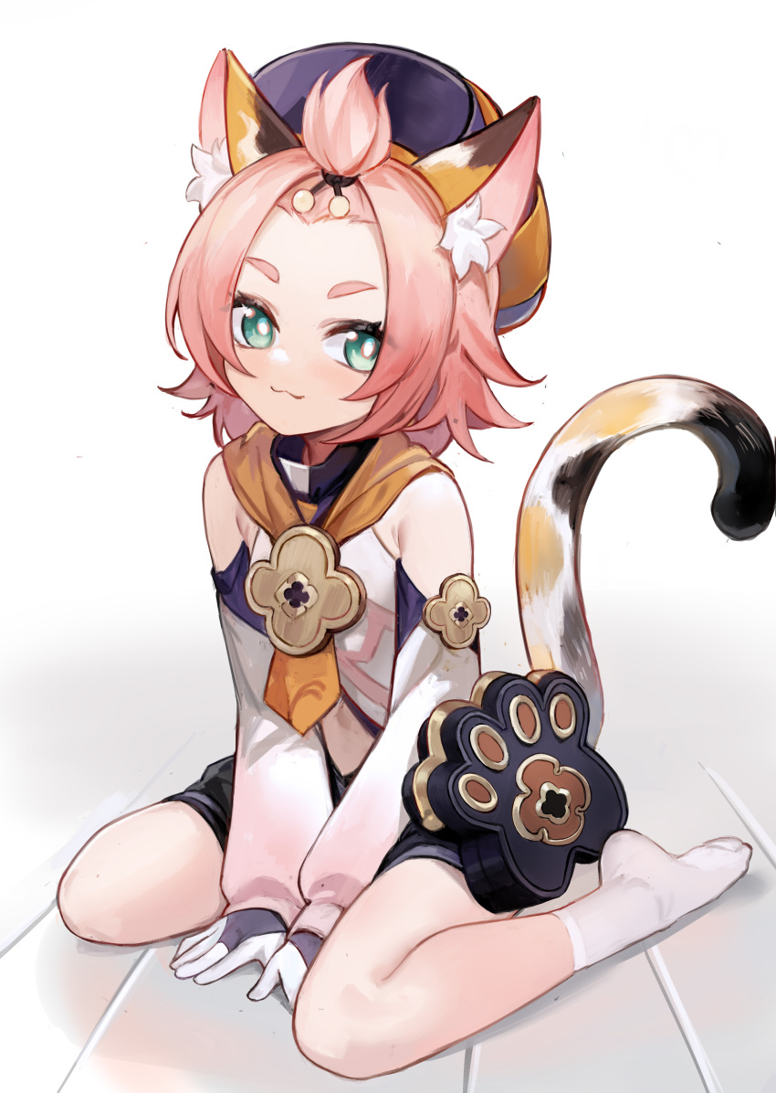 1girl :3 absurdres animal_ear_fluff animal_ears bangs_pinned_back bare_shoulders between_legs black_headwear black_shorts blush cat_ears cat_girl cat_tail closed_mouth commentary_request diona_(genshin_impact) full_body genshin_impact gloves green_eyes hand_between_legs hat highres long_sleeves looking_at_viewer nagata_gata no_shoes pink_hair puffy_long_sleeves puffy_sleeves shirt short_eyebrows short_shorts shorts sitting socks solo tail thick_eyebrows wariza white_background white_gloves white_legwear white_shirt